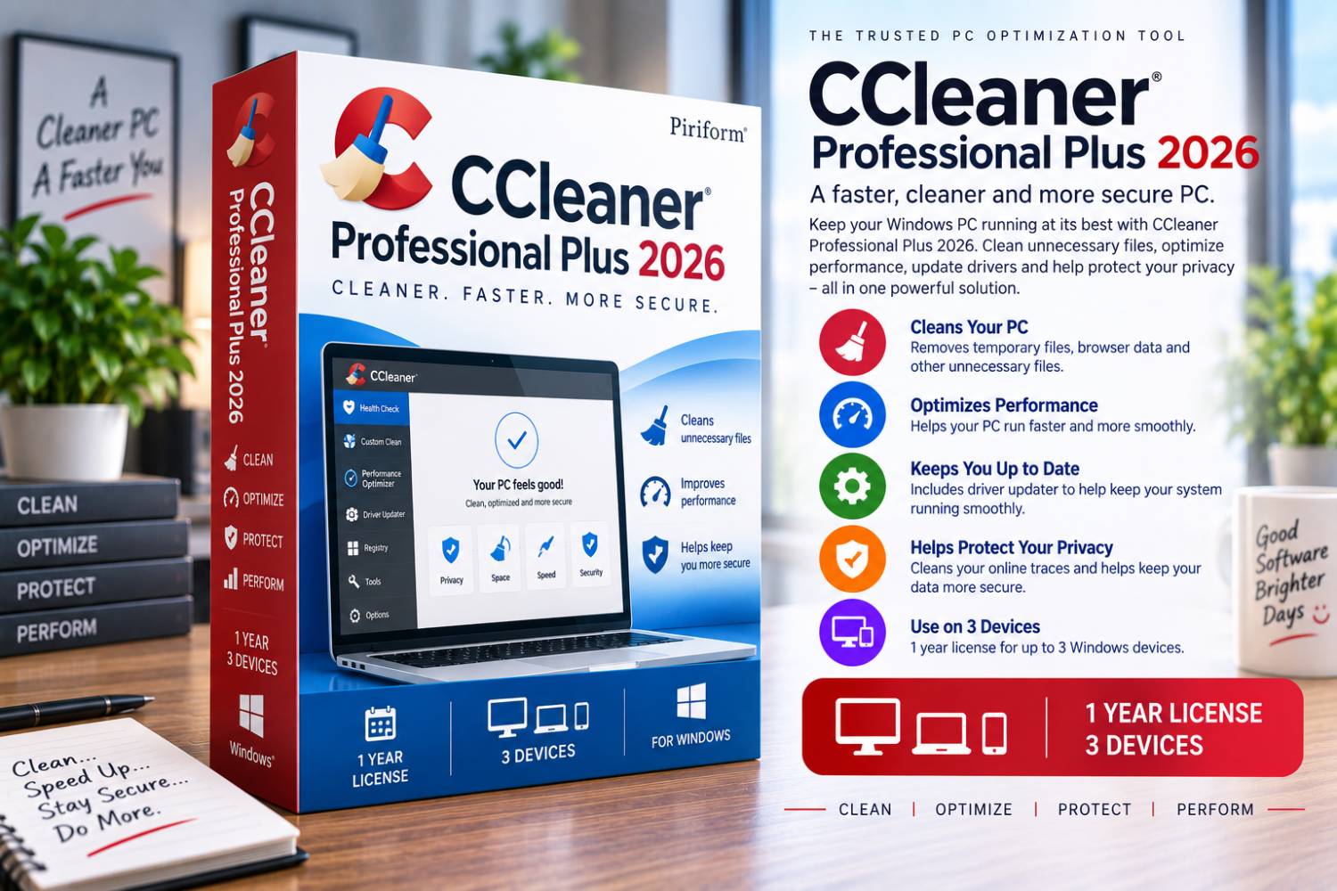 CCleaner Professional Plus 2026 (Windows) – 1 Year / 3 Devices | Complete PC Cleaning & Optimization Suite
